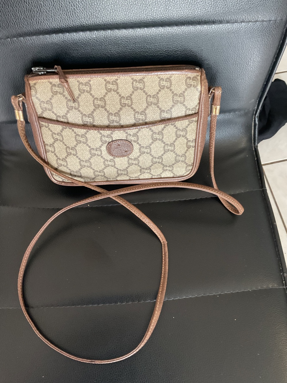 Gucci Beige Monogram Crossbody with Brown Leather Trim